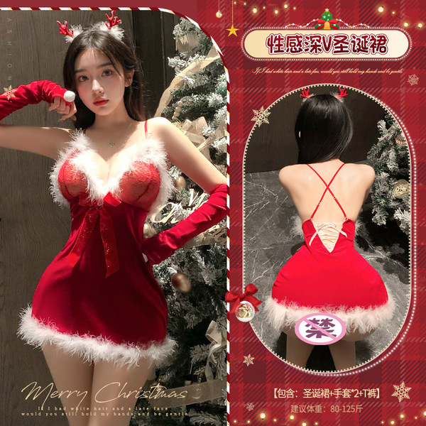 Mannyan Sexy Christmas Lingerie Set - Plush Velvet Halter Nightdress & Short Skirt Costume Outfit for New Year - Red [Christmas dress + 2 gloves + T-shirt]