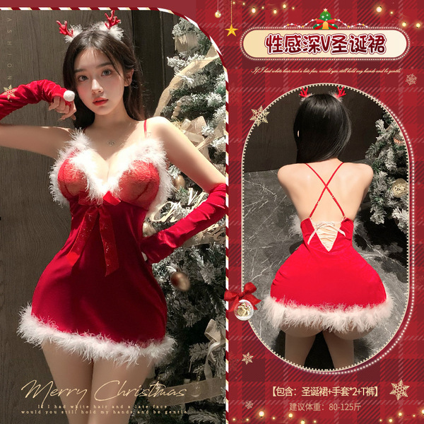 Manyan New Year Sexy Faux Fur Halter Dress - Christmas Bodycon Lingerie Mini Skirt for Passionate Nights - Red Christmas dress + gloves + thong + bow hair clip