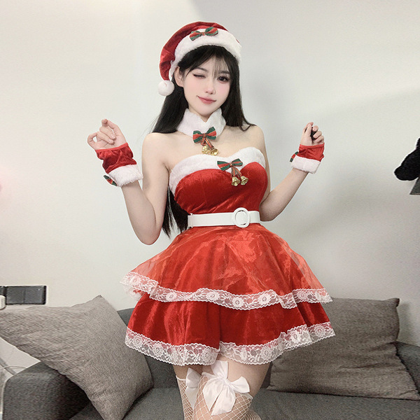 Red christmas lingerie dress set - festive holiday role play outfit for women featuring santa hat, bow tie, and festive acces...