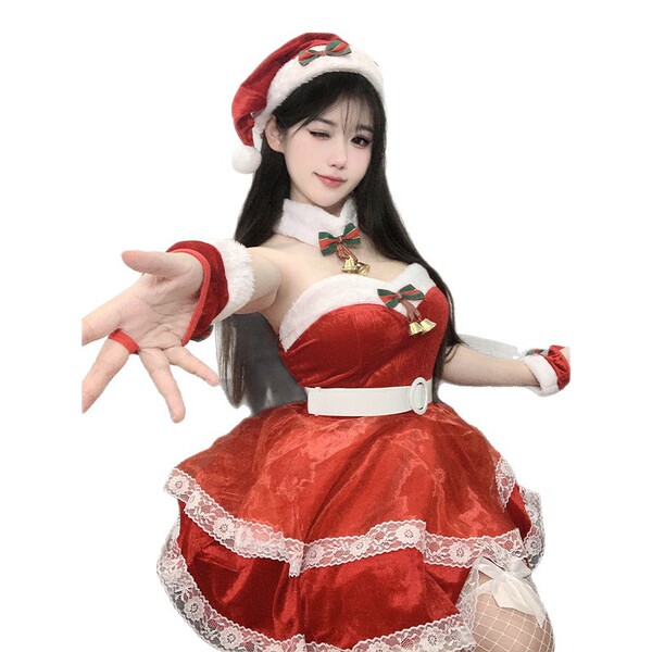 Red christmas lingerie dress set - festive holiday role play outfit for women featuring santa hat, bells, and lace details.