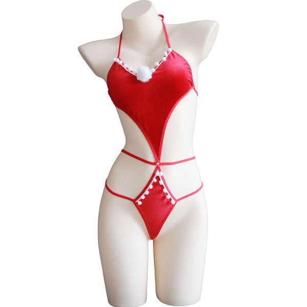 Red christmas lingerie set featuring a festive design with a v-neckline, delicate lace trim, and playful pom-poms for holiday...