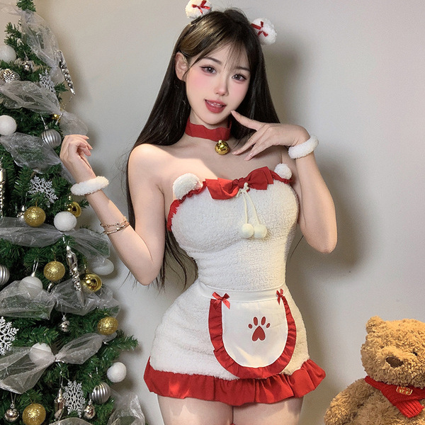 Red christmas party lingerie set featuring a bunny girl costume with festive accessories, perfect for holiday cosplay and new...