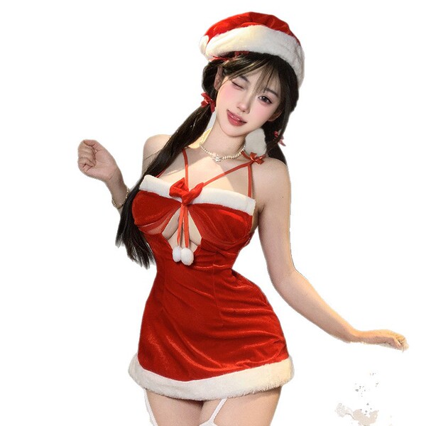 Sexy red christmas party lingerie set with bunny girl costume for holiday cosplay and new years eve, featuring festive santa ...