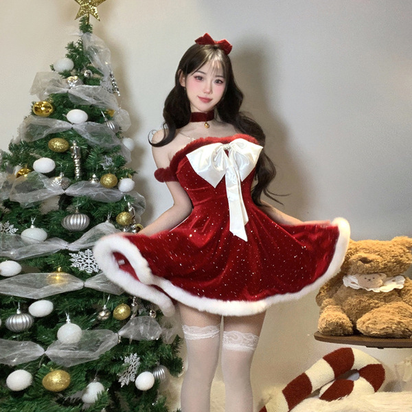 Red Sparkly Sexy New Year Dress - Sweet & Spicy Holiday Lingerie Mini Dress with Strapless Bodice - Red Christmas colors + white stockings