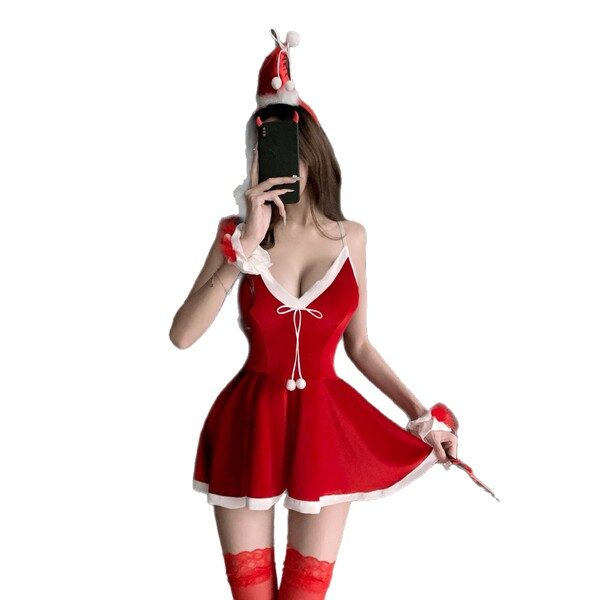 Red christmas new year lingerie dress - sexy low-cut suspender mini dress, no-remove holiday costume