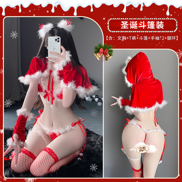 2025 New Year Lingerie Set – Sexy Velvet-Touch Tie-Strap Bodysuit with Faux-Fur Cape Costume - Red [Cloak + Bra + Thong + Arm Sleeves *2 + Leg Rings *1] + 2546 Headband + 7005 Red Fishnet Stockings