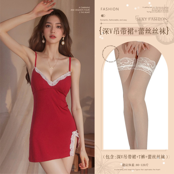 Red Pure-Temptation Lingerie Gown for Women – Sexy New Year Nightwear with Slit & Strappy Details - Burgundy (deep V-neck slip dress + thong + lace stockings)