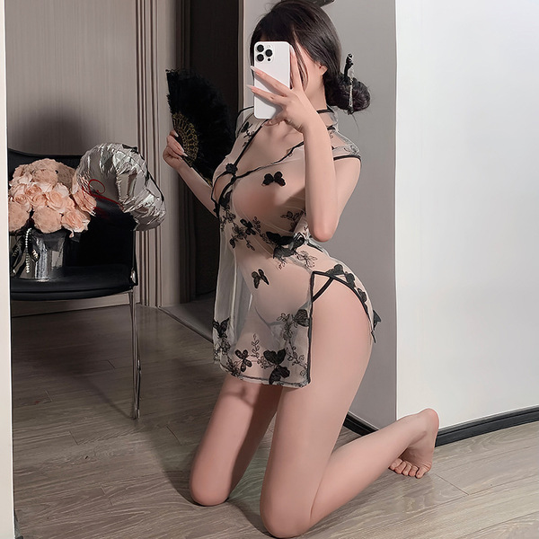 Sexy sheer vintage butterfly embroidery split dress set, featuring lace detailing and elegant design, perfect for a glamorous...
