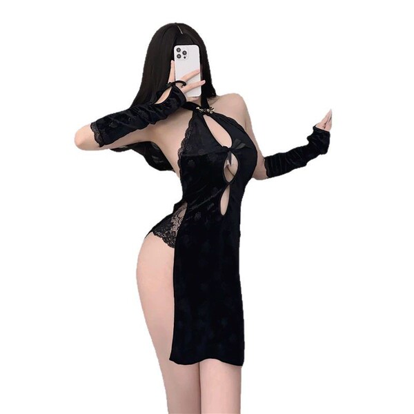 Black lace dress with split-back design, featuring cutouts and long sleeves, perfect for vintage-chic loungewear.