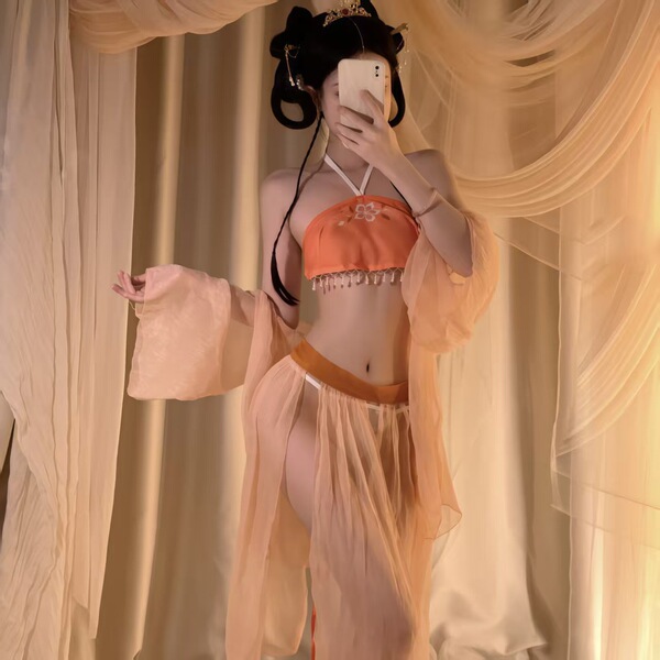 Lubei Vintage Chinese-Inspired Lingerie Set – Plus Size Hanfu-Style Busty Bodysuit, Modest Yet Alluring Sleepwear Ensemb - Orange-red [bellyband + skirt + shawl + thong]