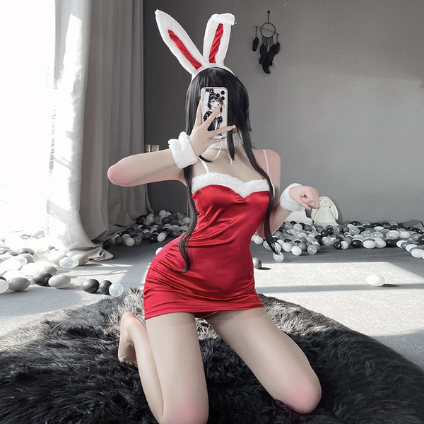 Sexy Women's Chinese-Inspired Lingerie Set - Flirty Qipao-Style Tight Sleepwear, Plus Size Pure & Tempting Outfit - Red (dress + bracelet + headdress + choker)