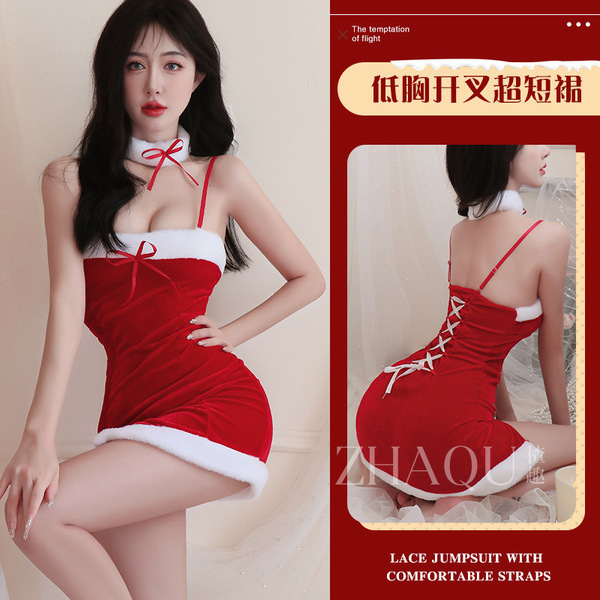 New Year Lingerie Set - Sexy Holiday Cosplay Sleepwear & Seductive Uniform Outfit for Women - Red (skirt + choker) + white butterfly stockings