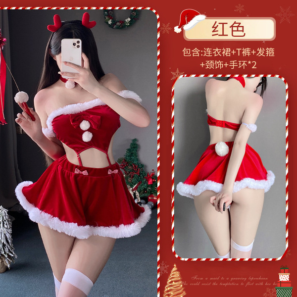 Christmas Reindeer Costume Set - Sexy Fuzzy Holiday Lingerie for New Year & Christmas Parties - Red [Includes dress + thong + headband + necklace + 2 bracelets (pom-pom is not detachable)]