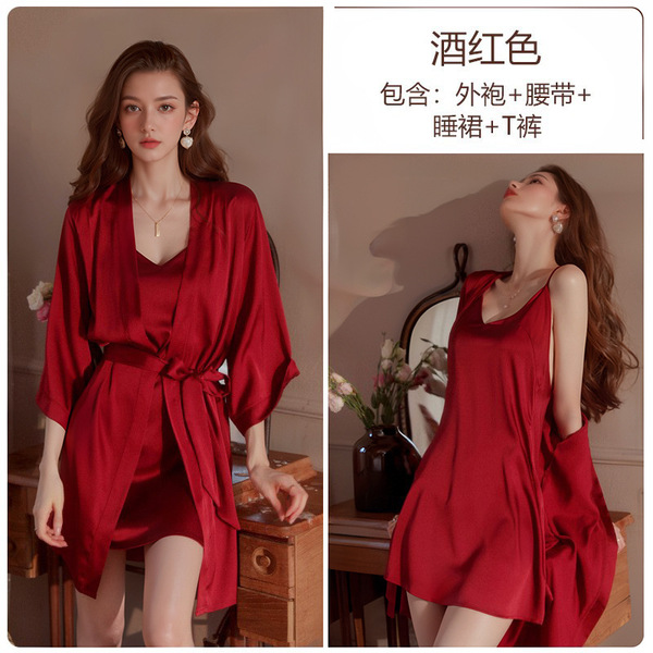 Seductive Ice Silk Backless Sleepwear Set - Sexy Lingerie Nightgown & Robe, No-Remove Passion Outfit, European Style - Burgundy (slip dress + T-shirt + outer robe + belt)