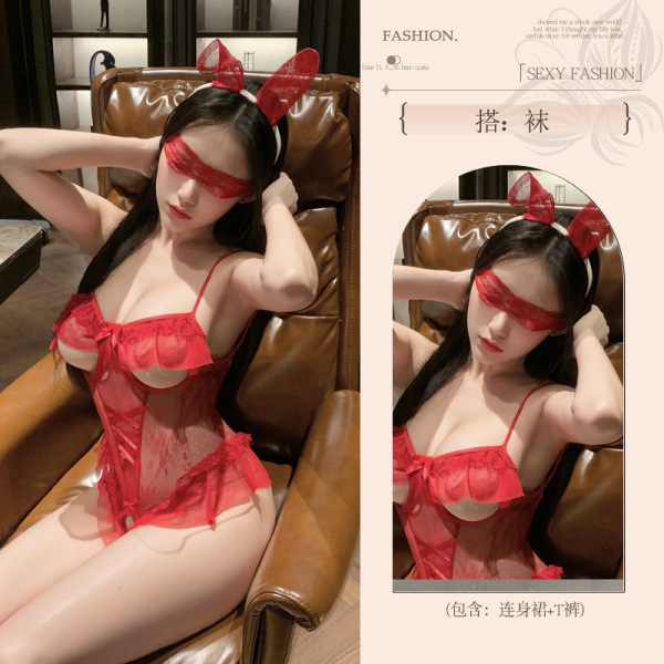 Sensual Bunny Girl Lingerie Set – Pure & Playful Erotic Outfit for Date Night & Role Play - Red Outfit [Earrings + Necklace + Bodysuit + Bracelets * 2] + Eye Mask