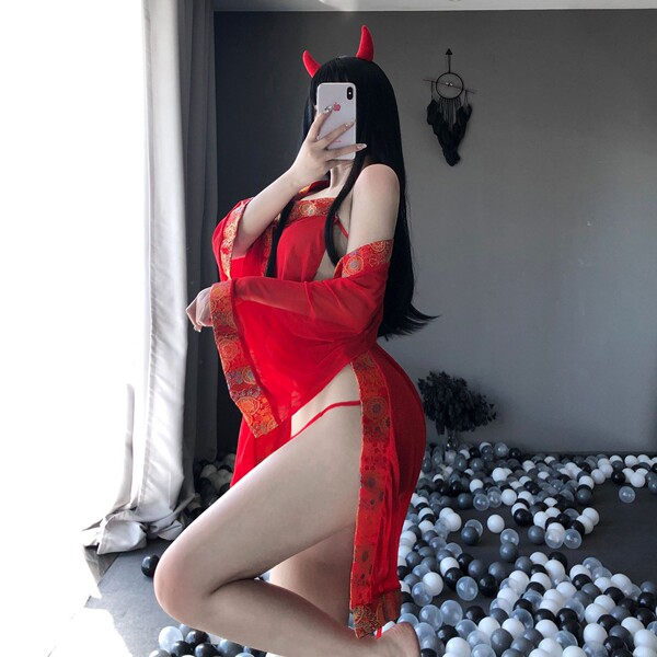 Red embroidered chinese tang suit lingerie - sheer seductive lace costume for adults, featuring sheer fabric and intricate em...