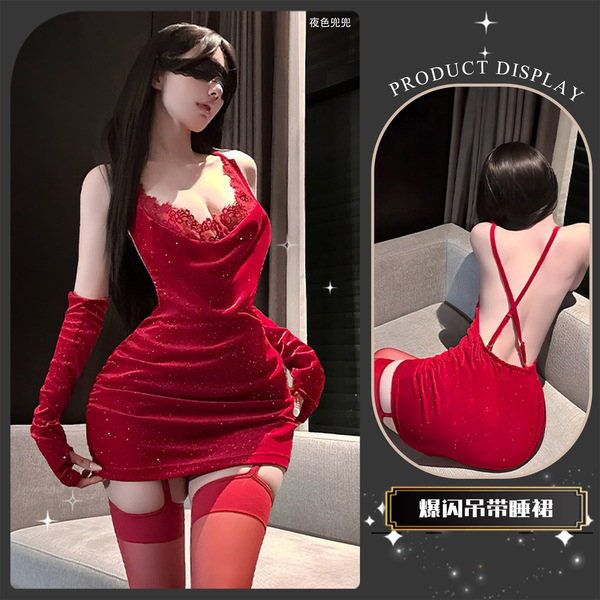 Chao Mu Sexy Lace Bodysuit with Sparkling Rhinestones - New Year Backless Tie-Up Mini Dress Set for Women - A Crimson Night Banquet ~ [Sparkling Bodycon Skirt + Sleeves]