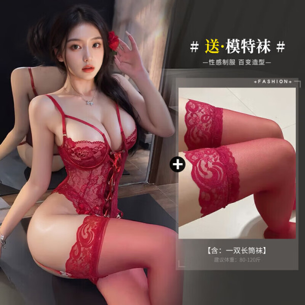 QQNY Pure Allure Lingerie Set – Elegant Sleepwear for Women, Sensual & Sophisticated Bedroom Wear - Red full set + model stockings