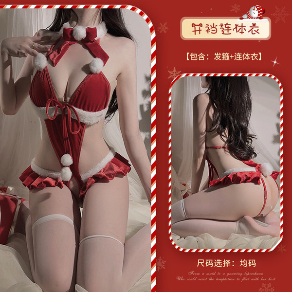 Xianyi Sexy Bunny Costume for Women - New Year QQNY Uniform Bodysuit with Open-Crotch Design, No-Remove Lingerie Set - Red (headpiece + bodysuit)