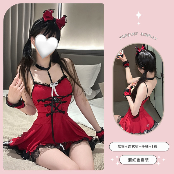Xishi Seductive Lingerie Set - Busty Maid Costume Sleepwear for Couples Play & Romantic Nights - Burgundy Suit [Headband + Dress + Arm Sleeves + T-shirt]