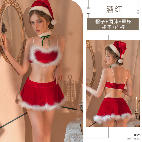 Heart-Shaped Christmas New Year Costume Dress Set - Sweet Backless Velvet Wrap Top & Skirt Ensemble - Red (hat + choker + bra + skirt + thong)