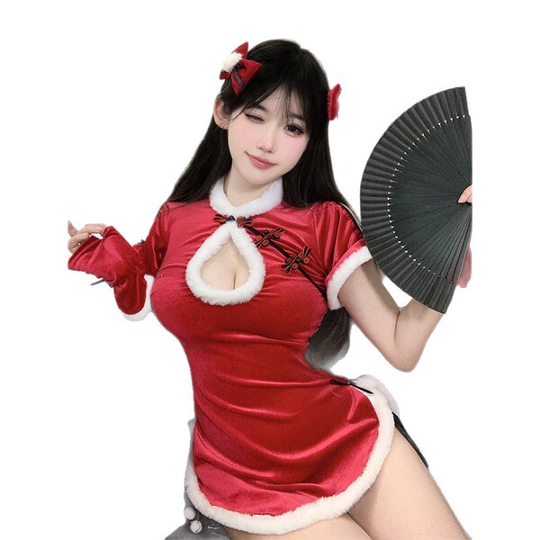 Red holiday lingerie set - sexy chinese-inspired new year & christmas party dress with qipao style