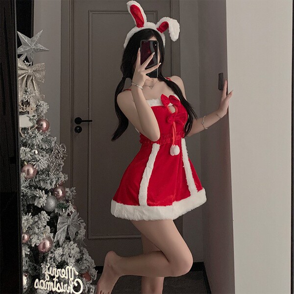 Red New Year Lingerie Set - Sexy Strap Dress, Bunny Girl Costume for Christmas Role Play - Red + infrared robe + stockings