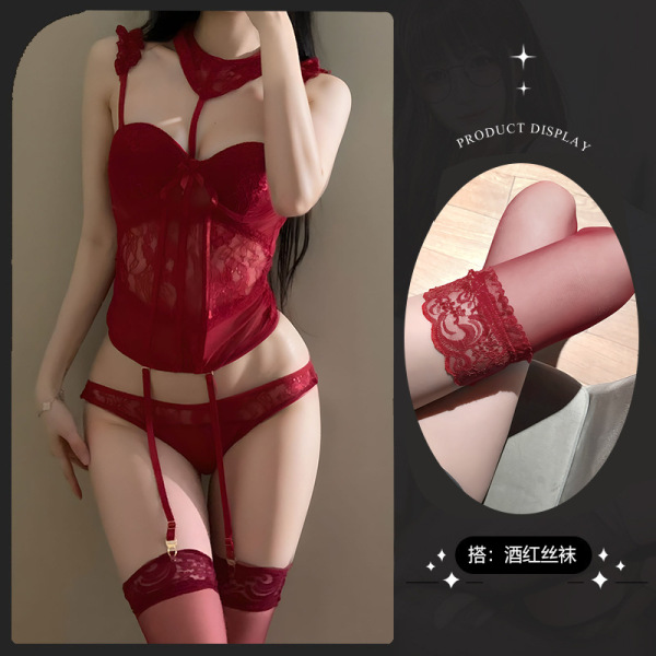 Women's Lace Mesh Shapewear Set - Sexy 3-Piece Bodysuit with Cut-Out Details,European and American Style - Burgundy vest + burgundy stockings