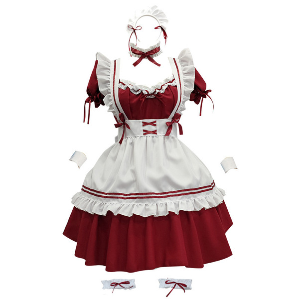 Japanese Style Black and White Maid Dress with Lace Trim & Bow - Cosplay Costume & Party Outfit - Red [skirt + apron + bracelet + necklace + leg ring + headdress]