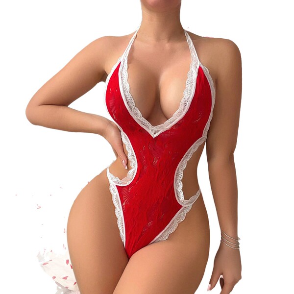 Woman wearing red lace bikini set with sheer mesh, sexy valentines day outfit, no-remove design.