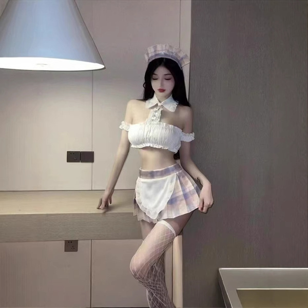 Sexy maid outfit featuring sheer mesh bodysuit, open-crotch thong, and fishnet stockings, perfect for adult entertainment.