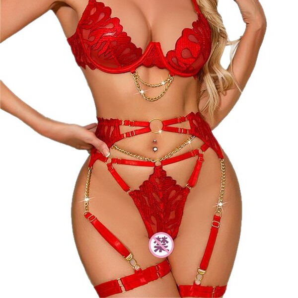 Red lace garter belt set with gold chains, featuring sexy shapewear and stocking holders for women in style erotic lingerie...