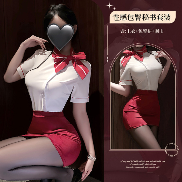 Domiela Sexy Air Hostess Costume for Women – Seductive Secretary Role Play Outfit, Professional Lingerie Set - Red + lace stockings