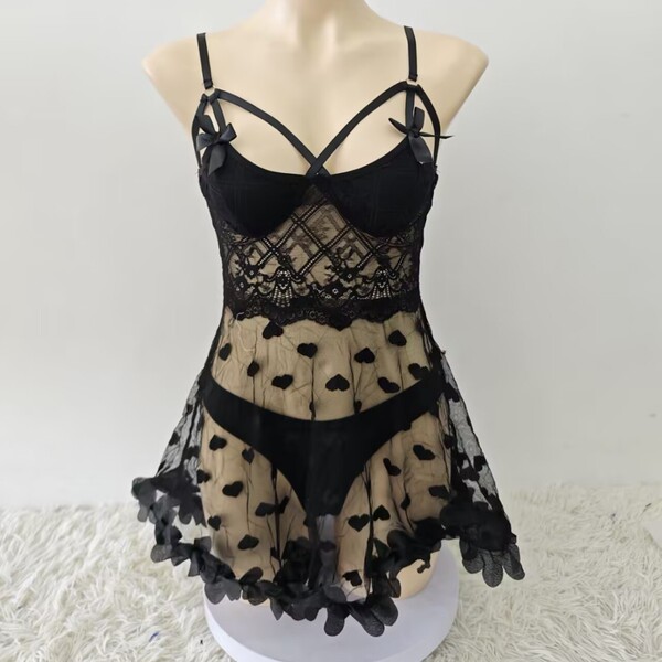 Sexy sheer mesh love flower sleep dress set with lace detailing and heart patterns, perfect for intimate lingerie.