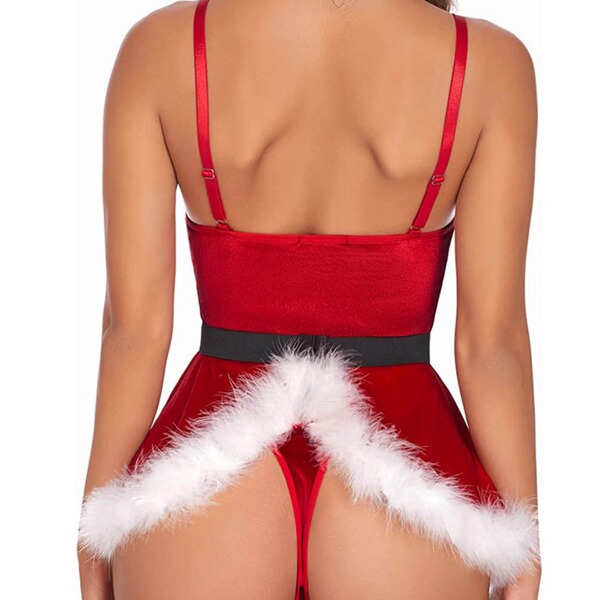 Red lady christmas costume - sexy lingerie set featuring a festive red dress with white fur trim and black waistband, perfect...