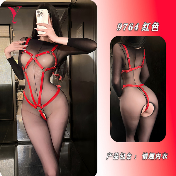 NightSiYeSe Leather Bondage Bodysuit - Sexy SM Cut-Out Latex-Style Fetish Bodysuit for Adults - Leather bodysuit [Red] (excluding mesh)
