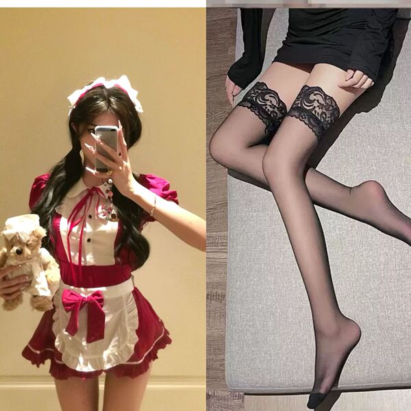 Plus Size Maid Costume - Busty Cosplay Lingerie Set for Bedroom Play & Roleplay Fun - Burgundy maid outfit + black stockings