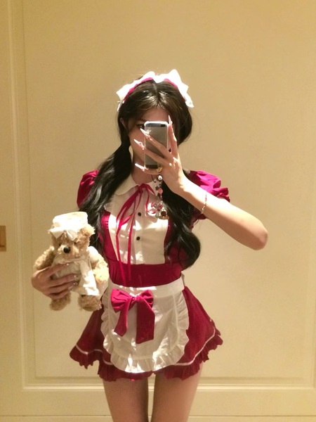 Plus Size Maid Costume - Busty Cosplay Lingerie Set for Bedroom Play & Roleplay Fun - Burgundy Maid Outfit [Skirt + Panties + Apron + Headband]