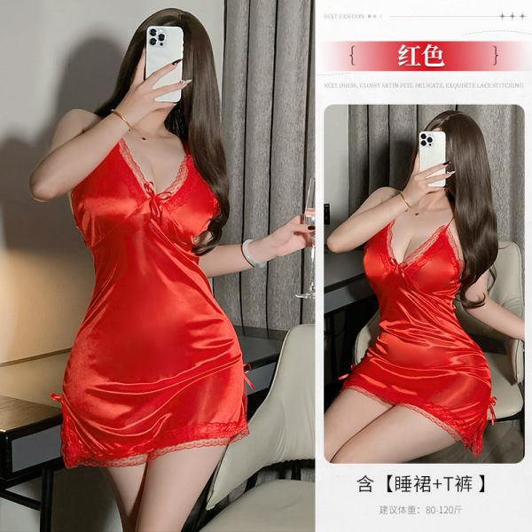 Seductive Lace Sleep Dress - Sheer Thin Sexy Lingerie for Date Night, No-Remove Design - red