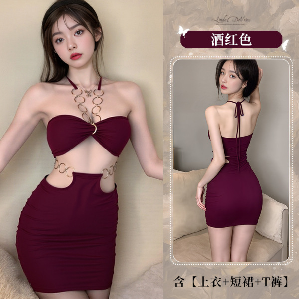 New Women's Sexy Lace Bralette with Metal Rings - Backless Halter Crop Top & Ultra-Slim Pencil Skirt Set - red