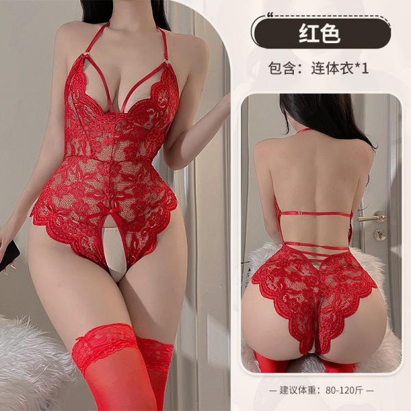 Qingruohan Women's Seductive Lace Bodysuit - Sheer Sexy Sleepwear, No-Remove Tease Lingerie Set 8014 - red