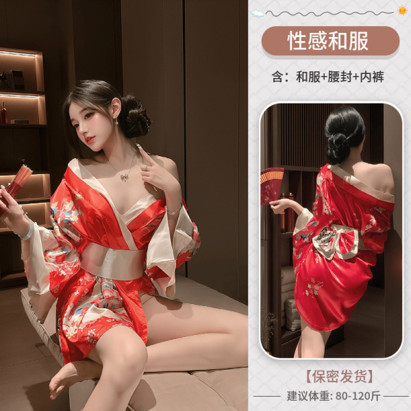 Kimono-Style Deep V Lingerie Robe - Sexy Japanese-Inspired Sleepwear & Cosplay Dress - Image in red