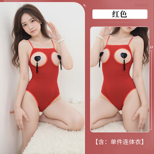Sexy Lace Mesh Bodysuit - Sheer See-Through Tight-Fit Open-Crotch One-Piece with Chest Cutout - red