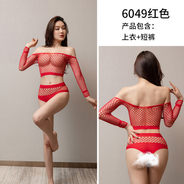 Qingyeguo Sexy Sheer Lace Bodysuit Set for Women – Transparent Seductive Mesh Outfit with Cut-Out Details - red