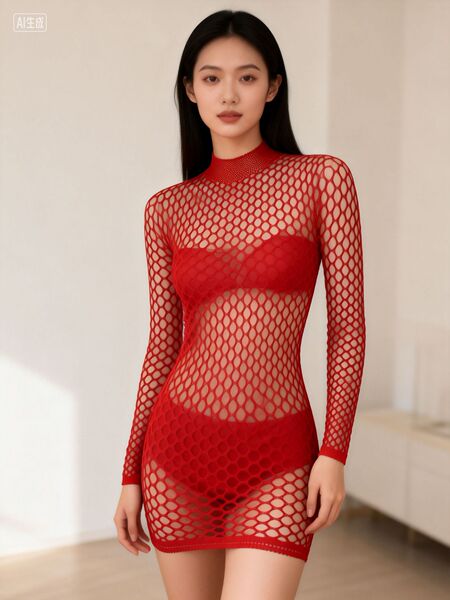 Sexy Fishnet Bodysuit & Stocking Set – Women's Lingerie Costume Outfit for Role Play & Intimate Nights - High-necked red