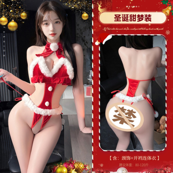 Mannyan Christmas Velvet Bodysuit Set - Sexy Open-Crotch Sleepwear with Halter Tie & Plush Trim - 6921183364335 Red [Necklace + Open Crotch Bodysuit]
