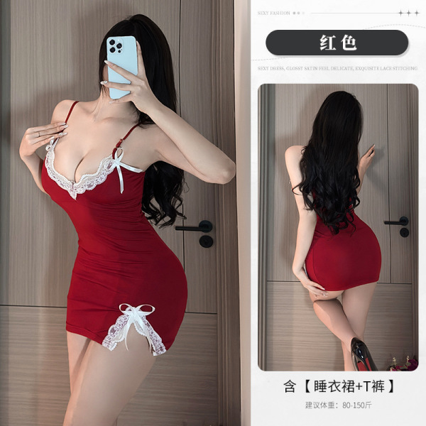 Pure & Sexy Lace Bodysuit for Women - Trendy Sheer Mesh Sleep Dress with Built-in Padded Bra, Lounge & Nightwear - Red (without padding)
