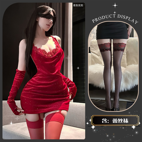 Chao Mu Sexy Lace Bodysuit with Sparkling Rhinestones - New Year Backless Tie-Up Mini Dress Set for Women - Crimson Night Banquet ~ + Red-Trimmed Mid-Length Stockings