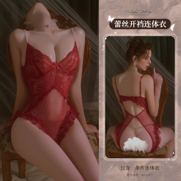 Mannyan Sexy Lingerie Set for Women - Beaded Lace Polka Dot Bodysuit with Open-Crotch Design & Ruffled Trim - Red [One-piece bodysuit]
