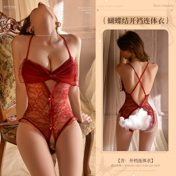 Manyan New Year Lace Bodysuit with Bow & Open-Crotch Design - Sexy Lingerie Sleepwear for Flirty Nights - Red [Single-piece open-crotch bodysuit]